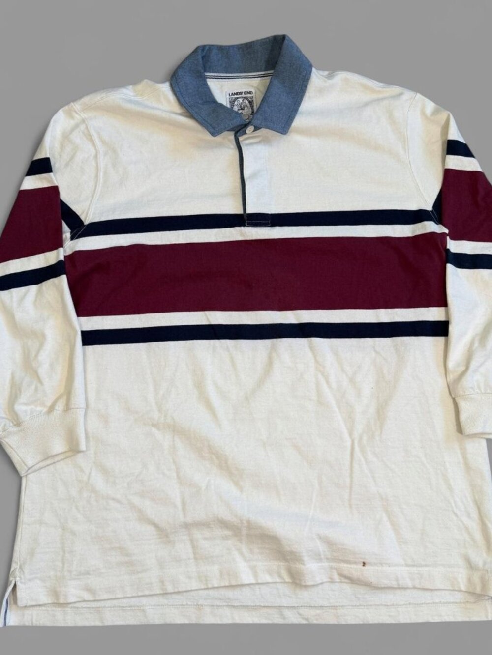 Lands End Rugby Shirt Mens XL Heavy Cotton Long Sleeve Polo Y2K Preppy striped
